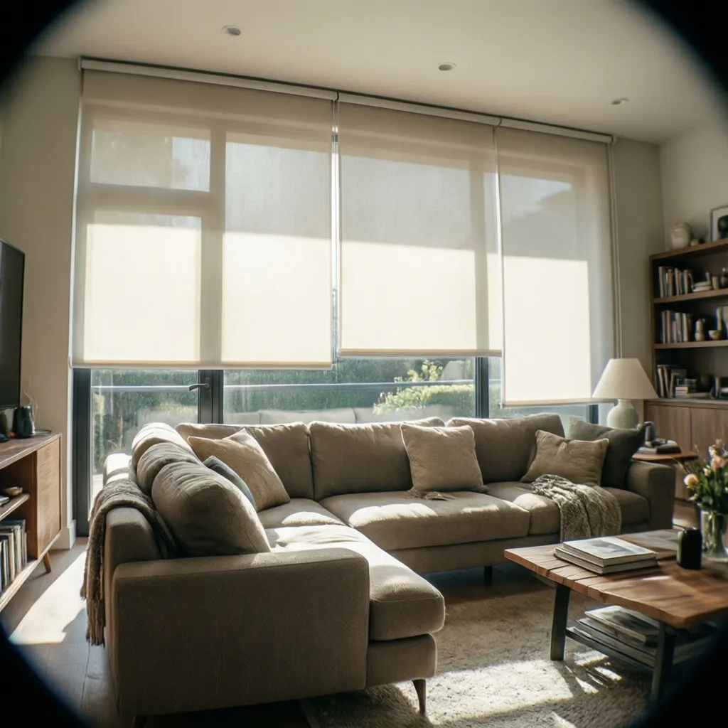 Salón luminoso con persianas modernas regulando la entrada de luz