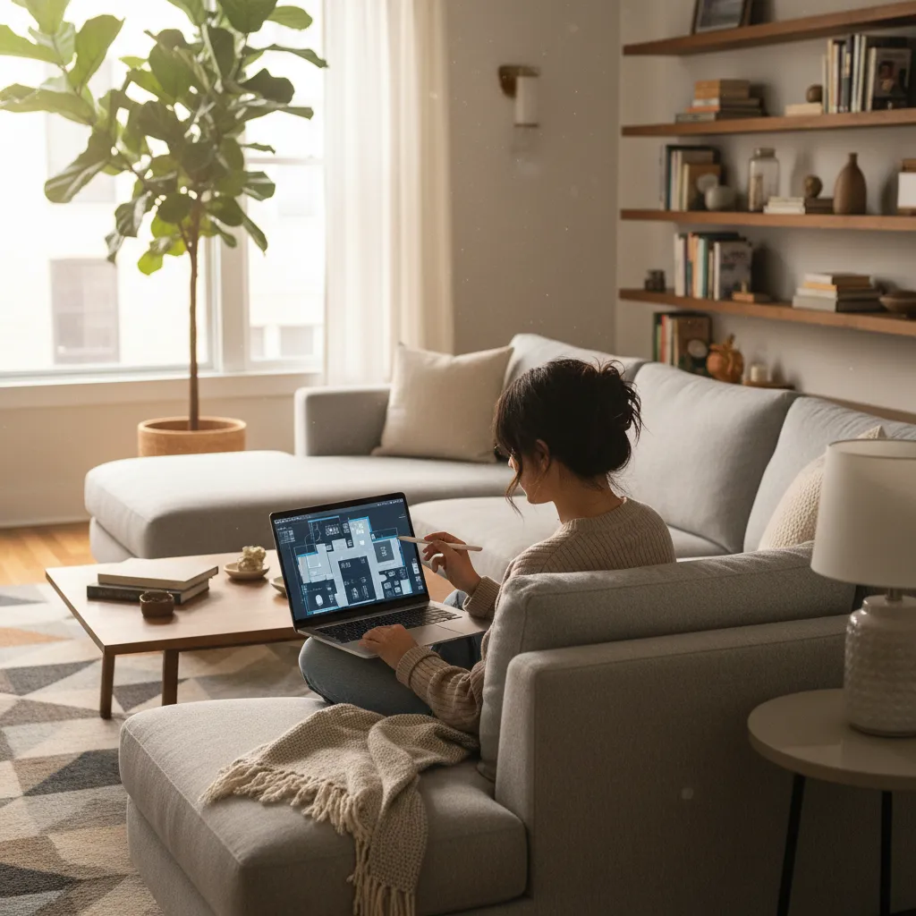 persona diseñando el plano de su casa en una laptop en el salón