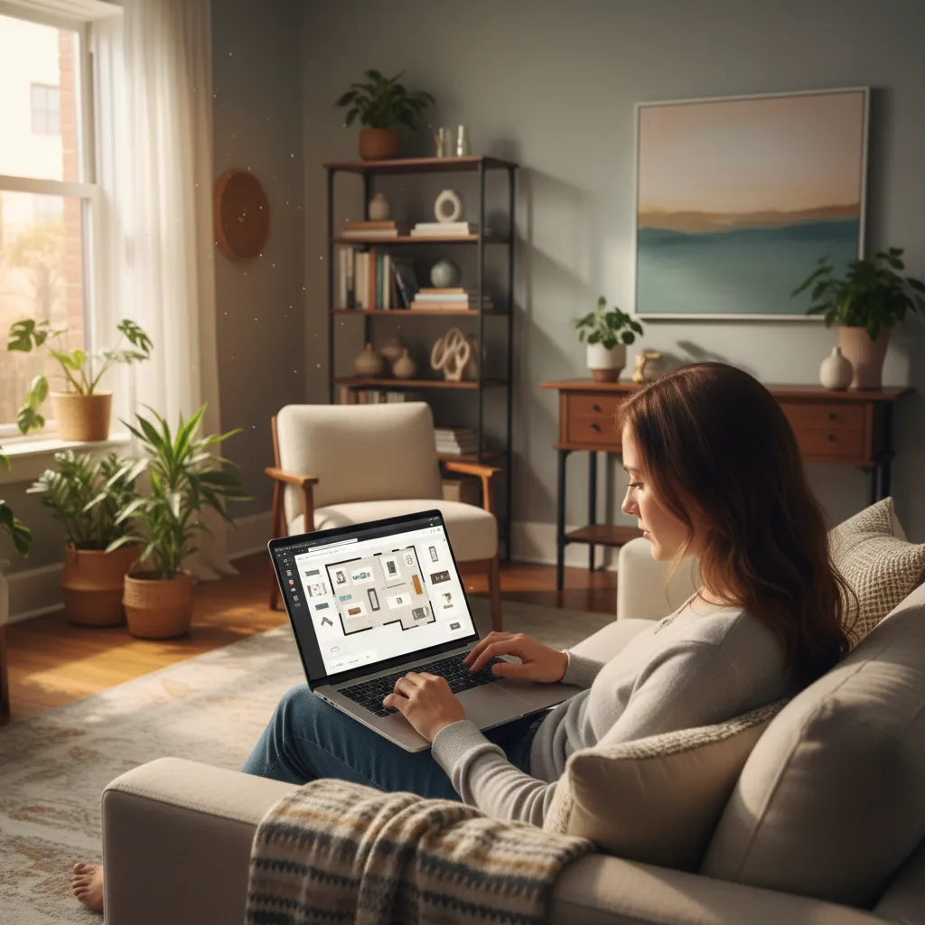 Persona ajustando muebles en un programa de diseño de interiores en casa