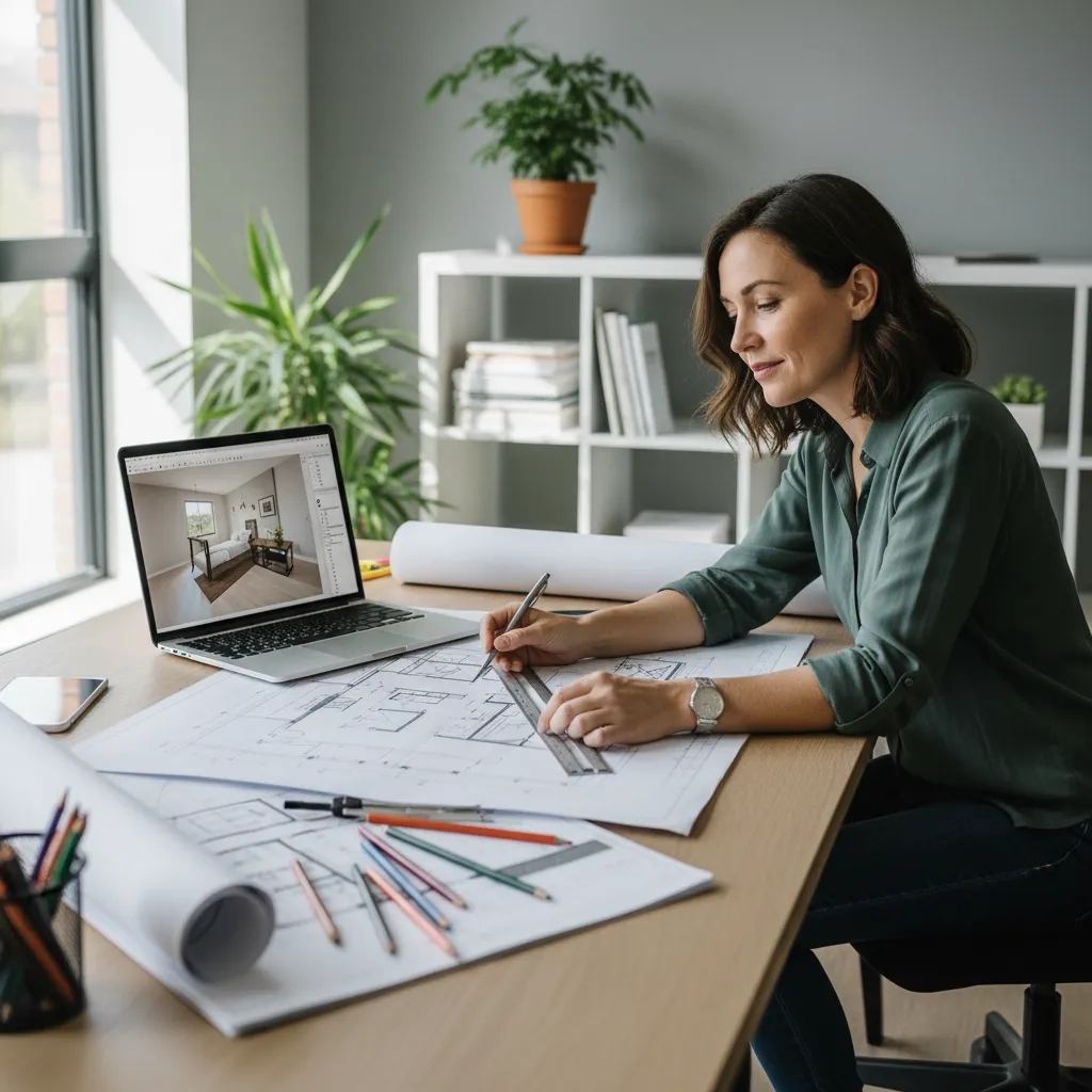 Persona planificando el diseño de su casa con planos y portátil