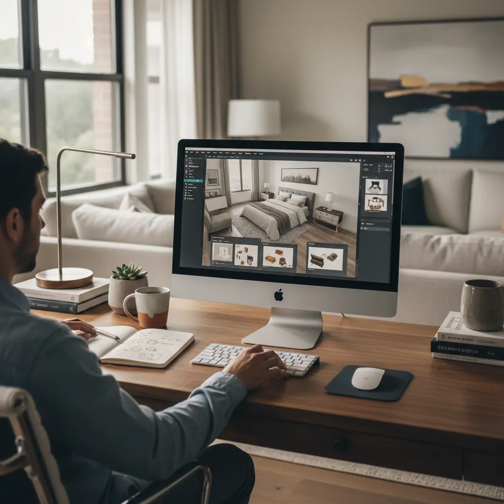 Persona planificando el diseño de una habitación con ordenador