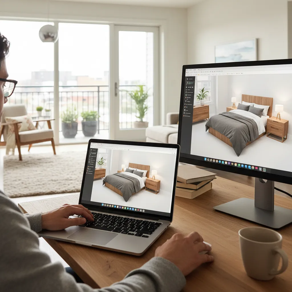 Persona planificando la distribución de una habitación usando software de diseño