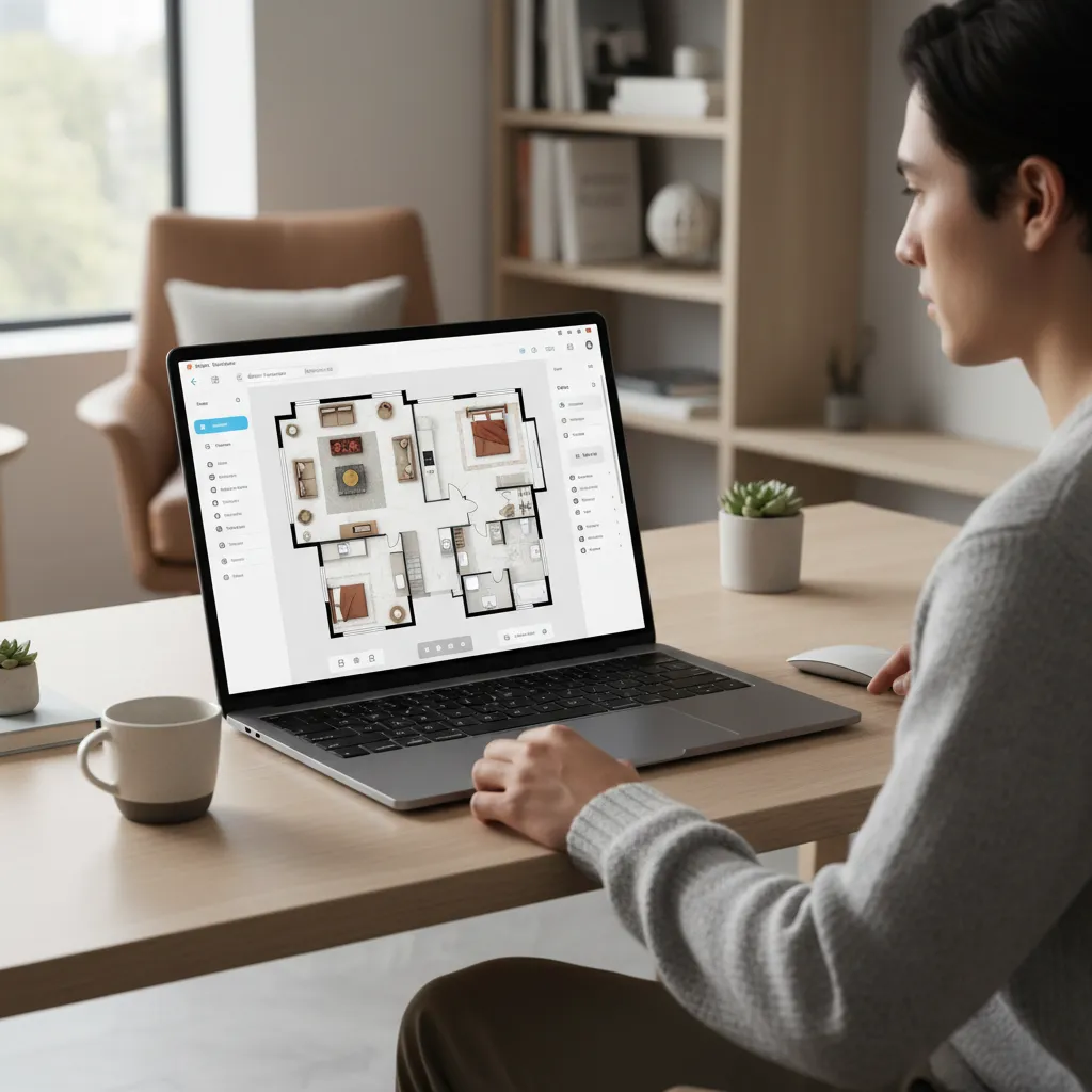 Man using laptop to edit 2D floor plan layout with furniture in light wood office