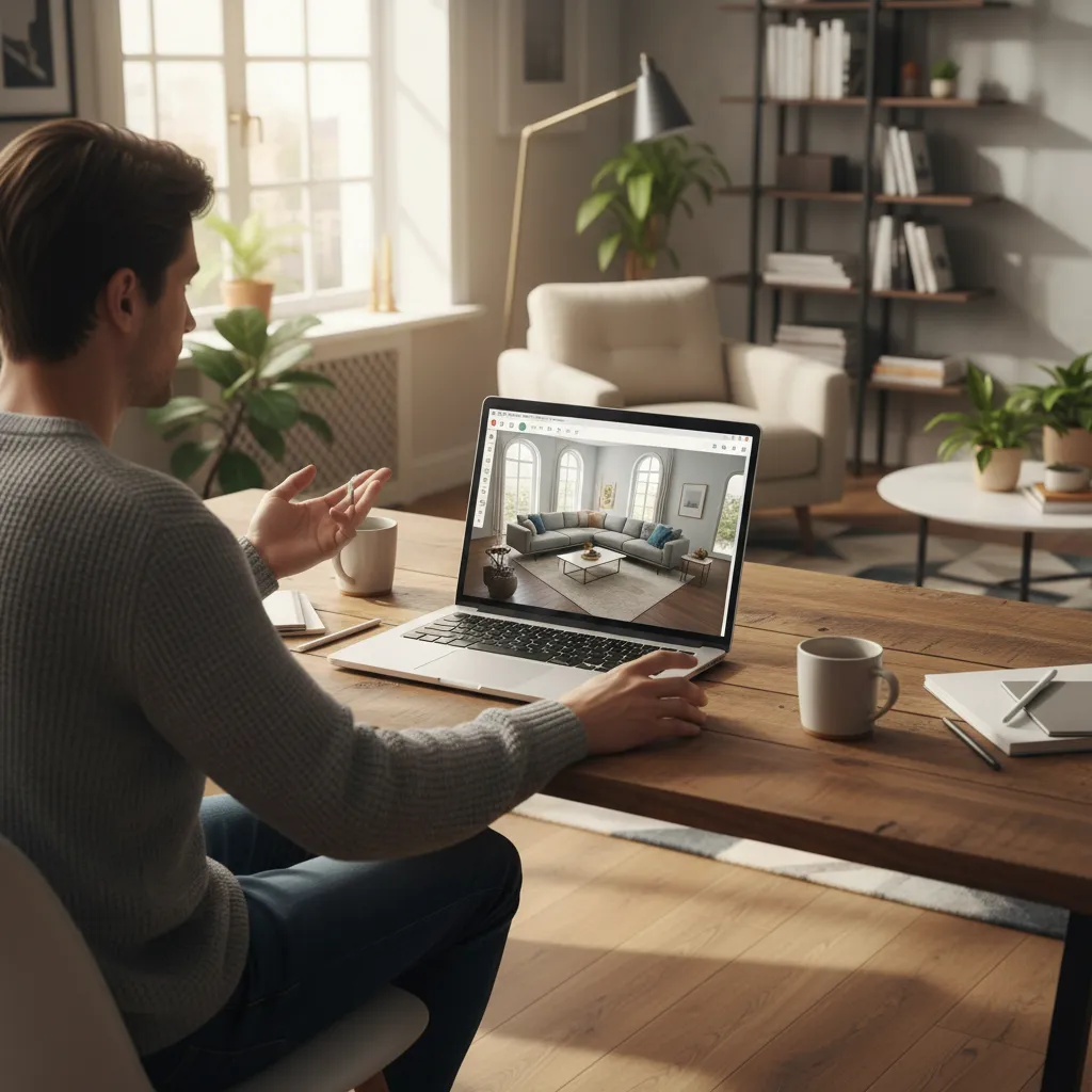Persona utilizando planificador de habitaciones 3D en ordenador portátil