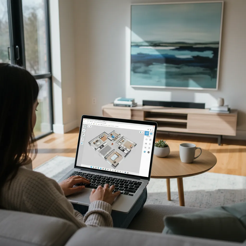 Persona diseñando el plano de una casa en una computadora portátil