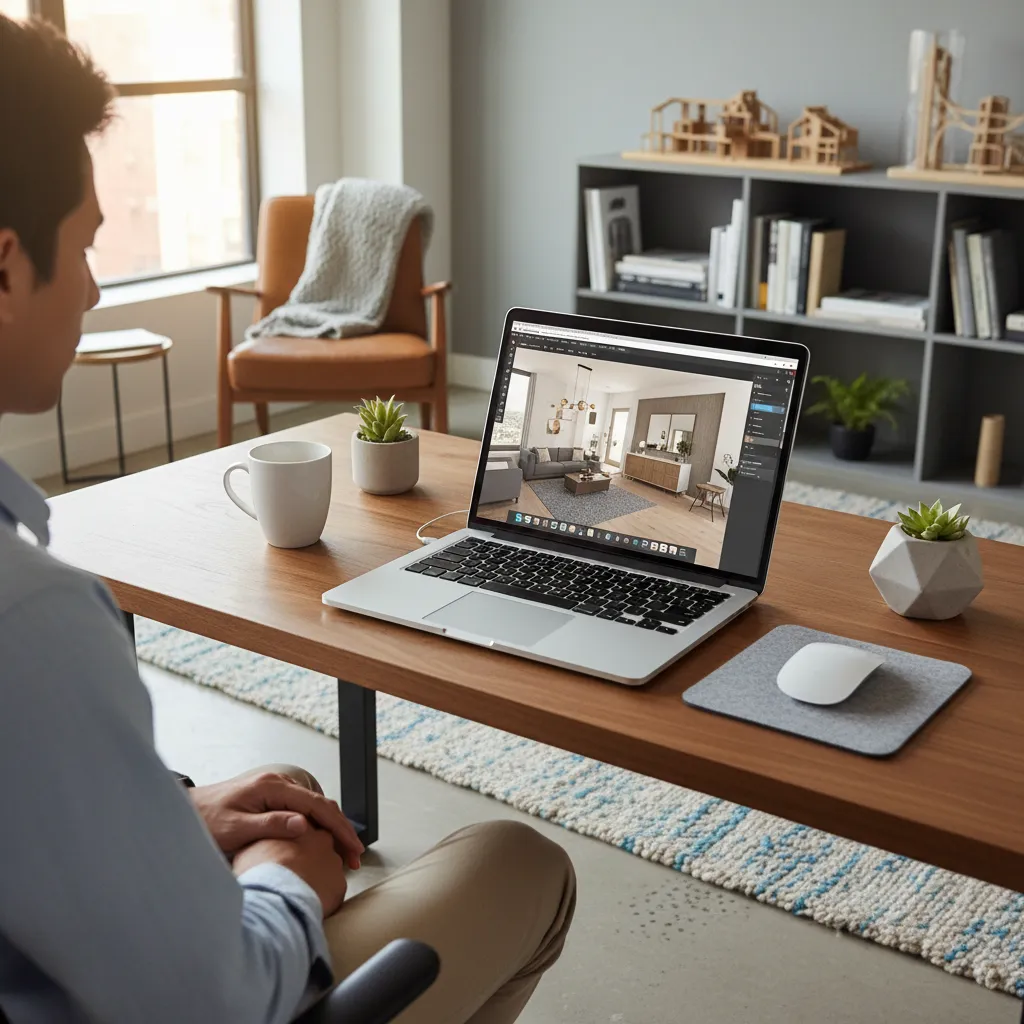Persona trabajando en diseño interior desde ordenador portátil