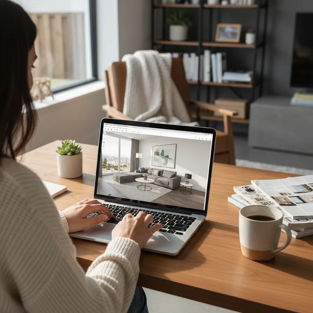 Persona diseñando el interior de su casa en un ordenador con software de decoración