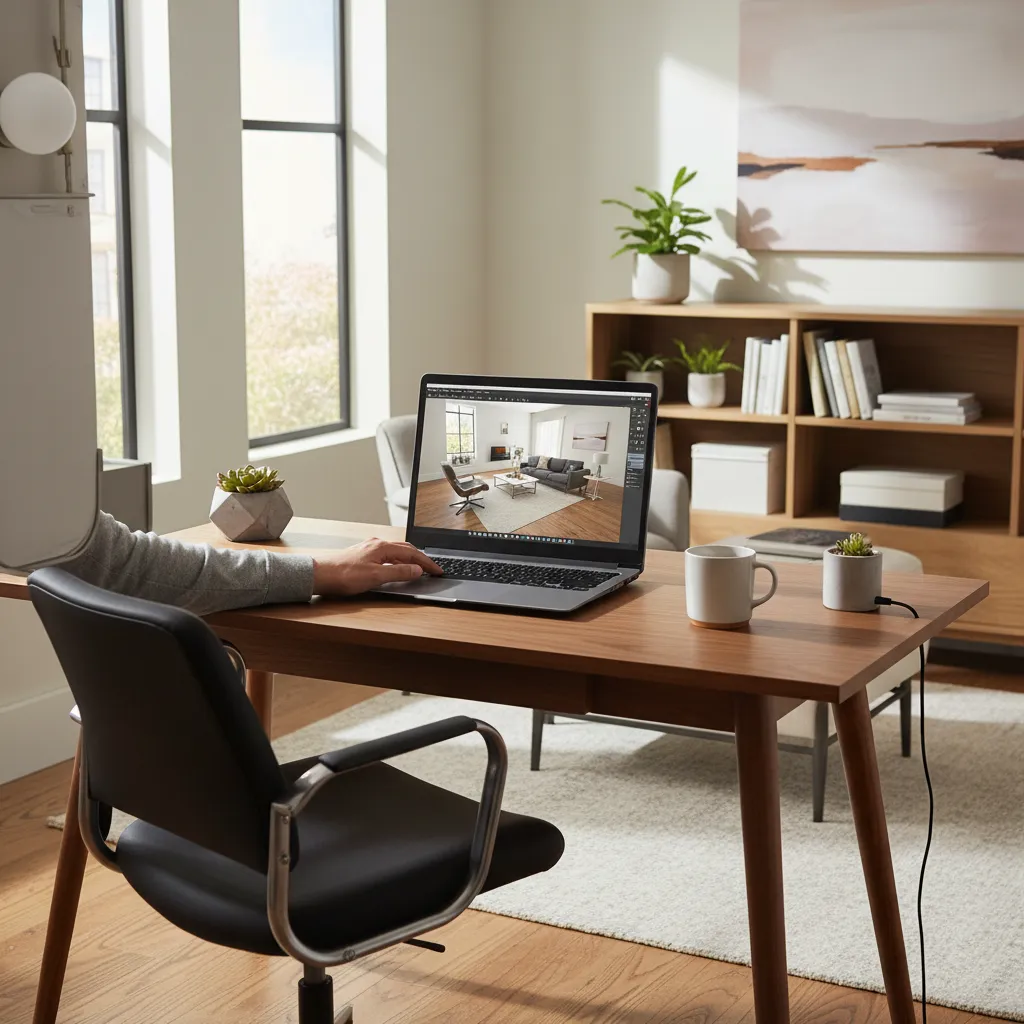 Persona utilizando un programa de diseño de interiores 3D en un ordenador portátil