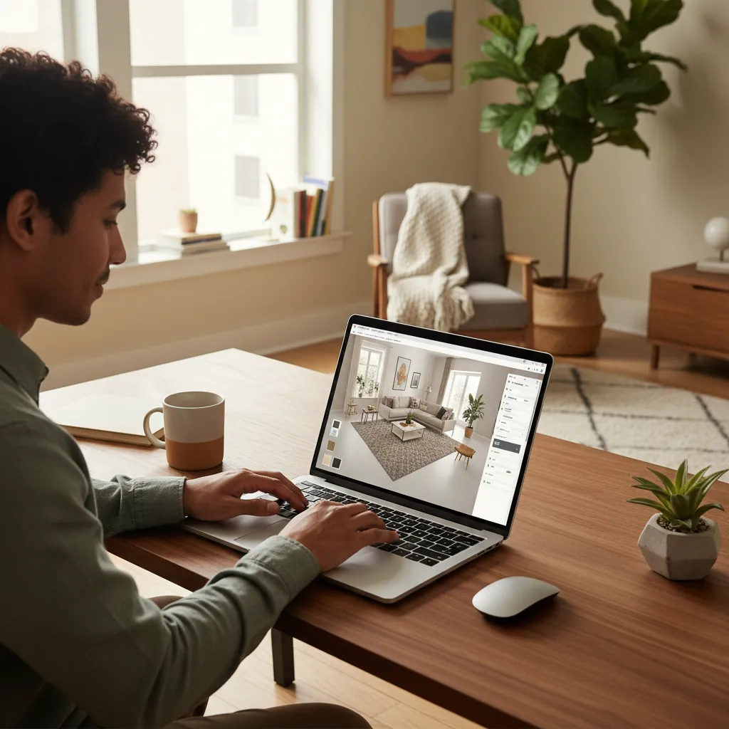 Man sitting at a wooden table using interior design drawing software on a laptop computer