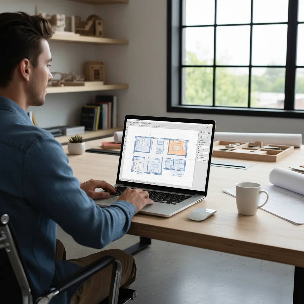 Man using a laptop on a wooden desk to create a house floor plan layout design