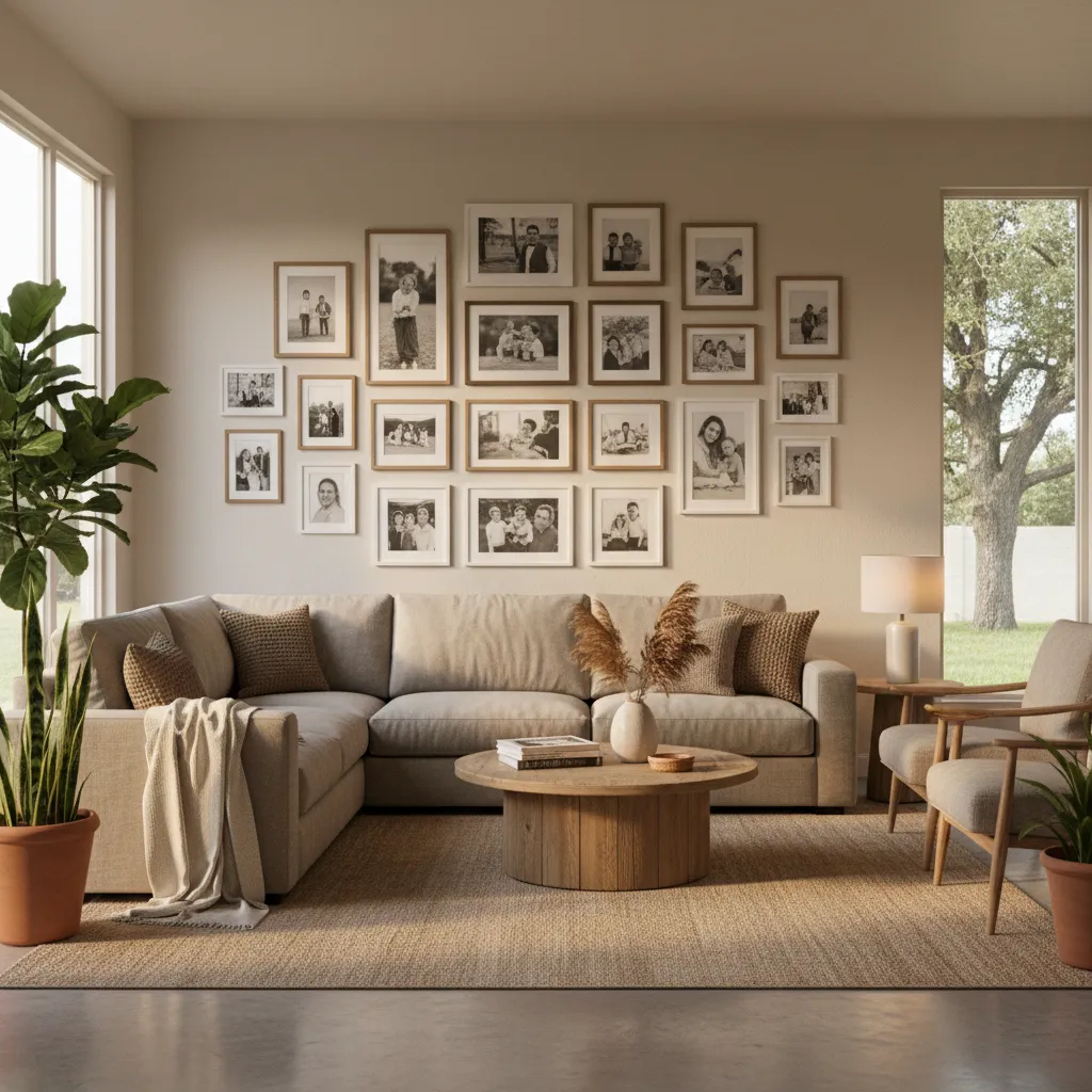 Living room wall filled with family photos showing overly personal home decor