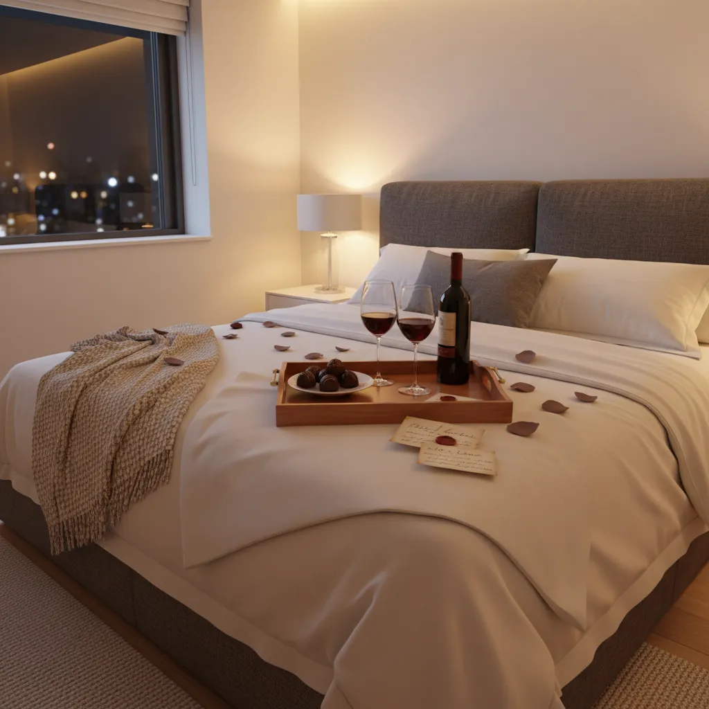 Bedroom tray with wine chocolates and love notes for Valentines setup