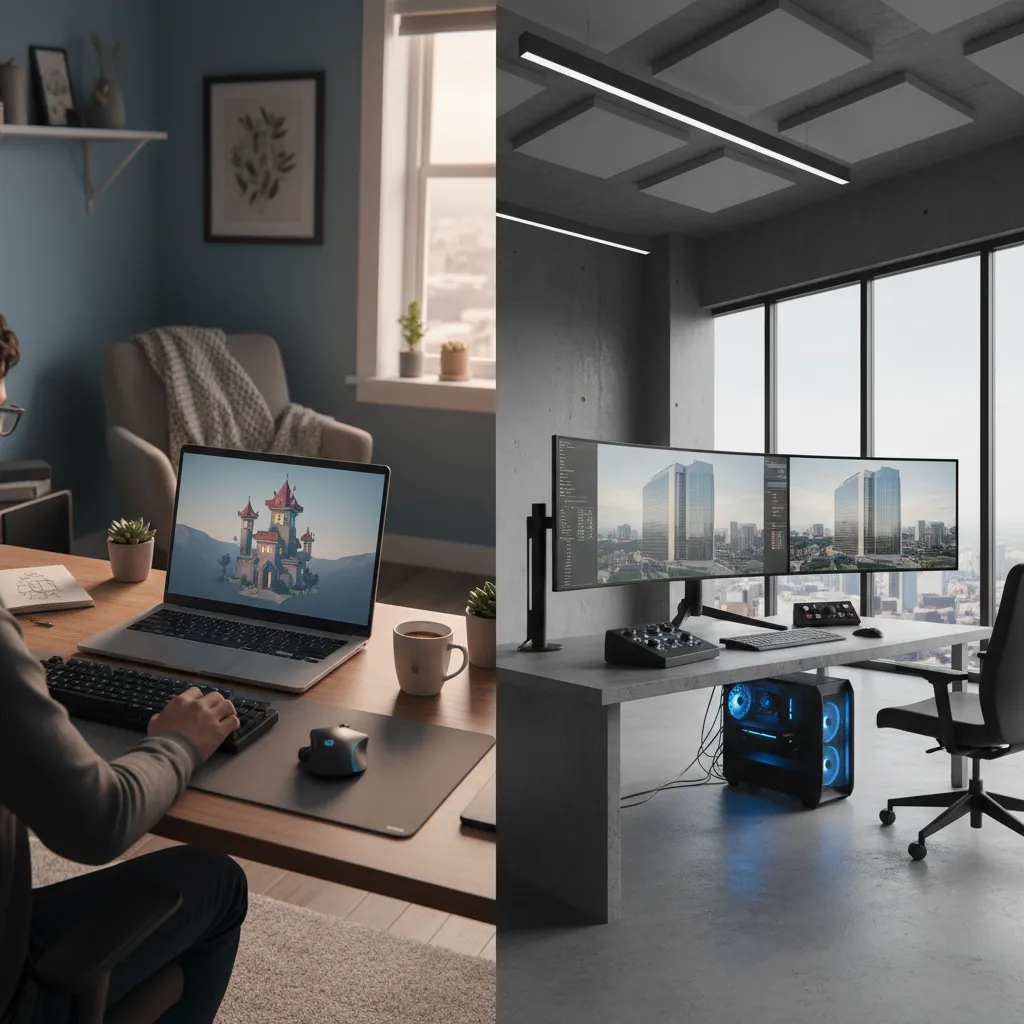 Split scene showing personal 3D rendering project versus commercial architectural visualization workflow