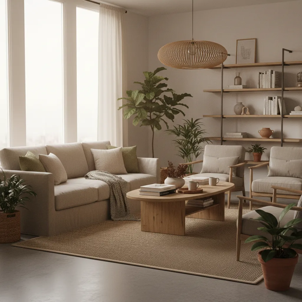Personalized living room with warm lighting, plants, and comfortable seating