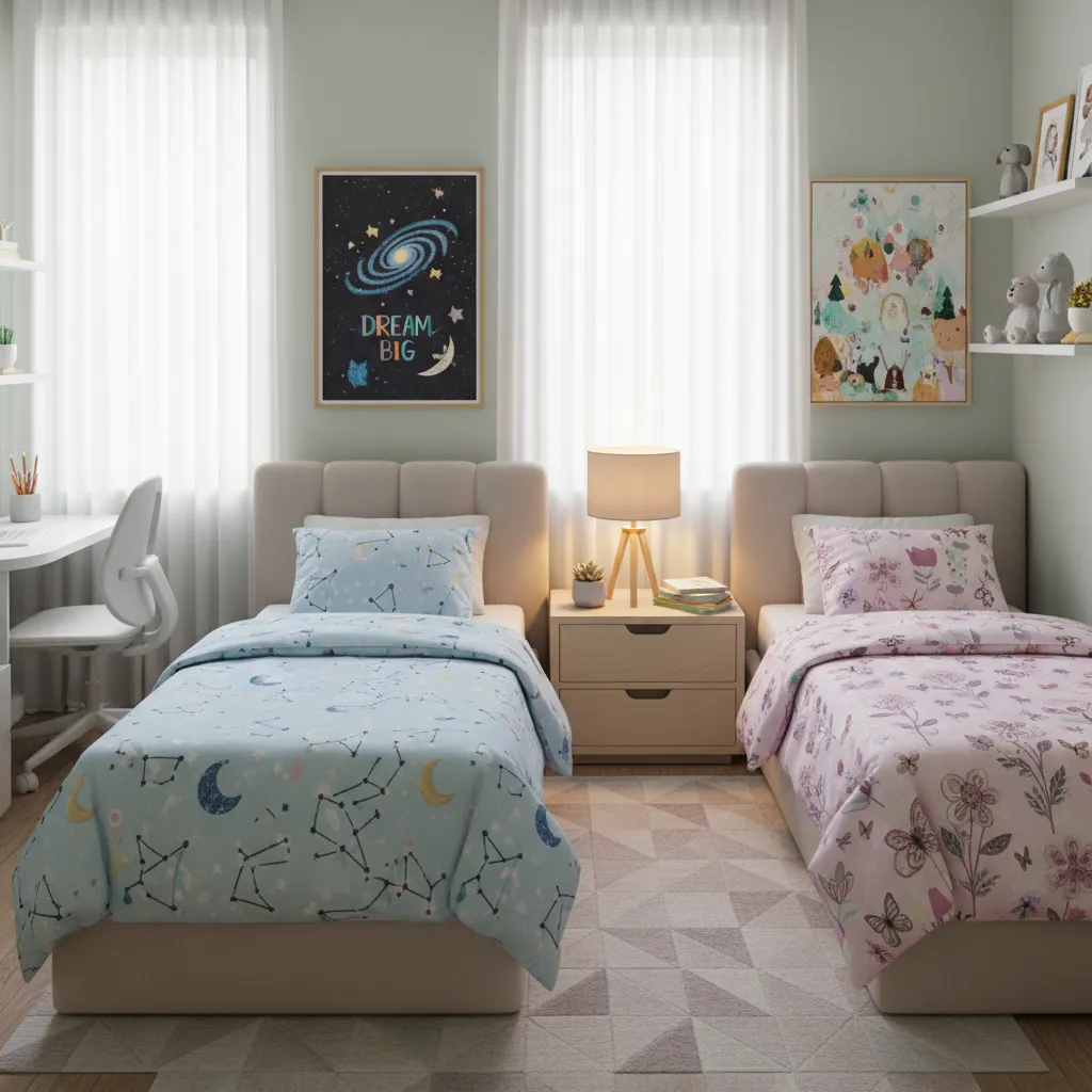 Two twin beds with different bedding styles for older and younger sister