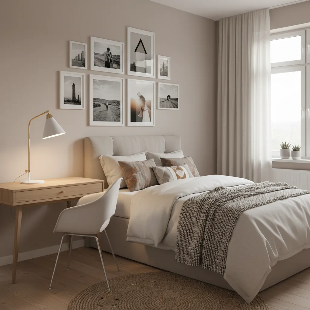 Teen bedroom with gallery wall photos and cozy bedding