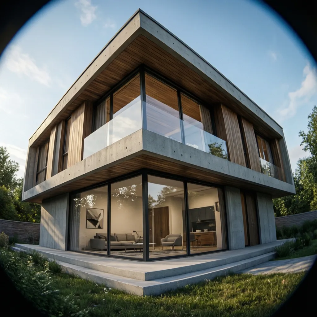 Modern two story house with concrete walls wood panels large glass windows and front lawn
