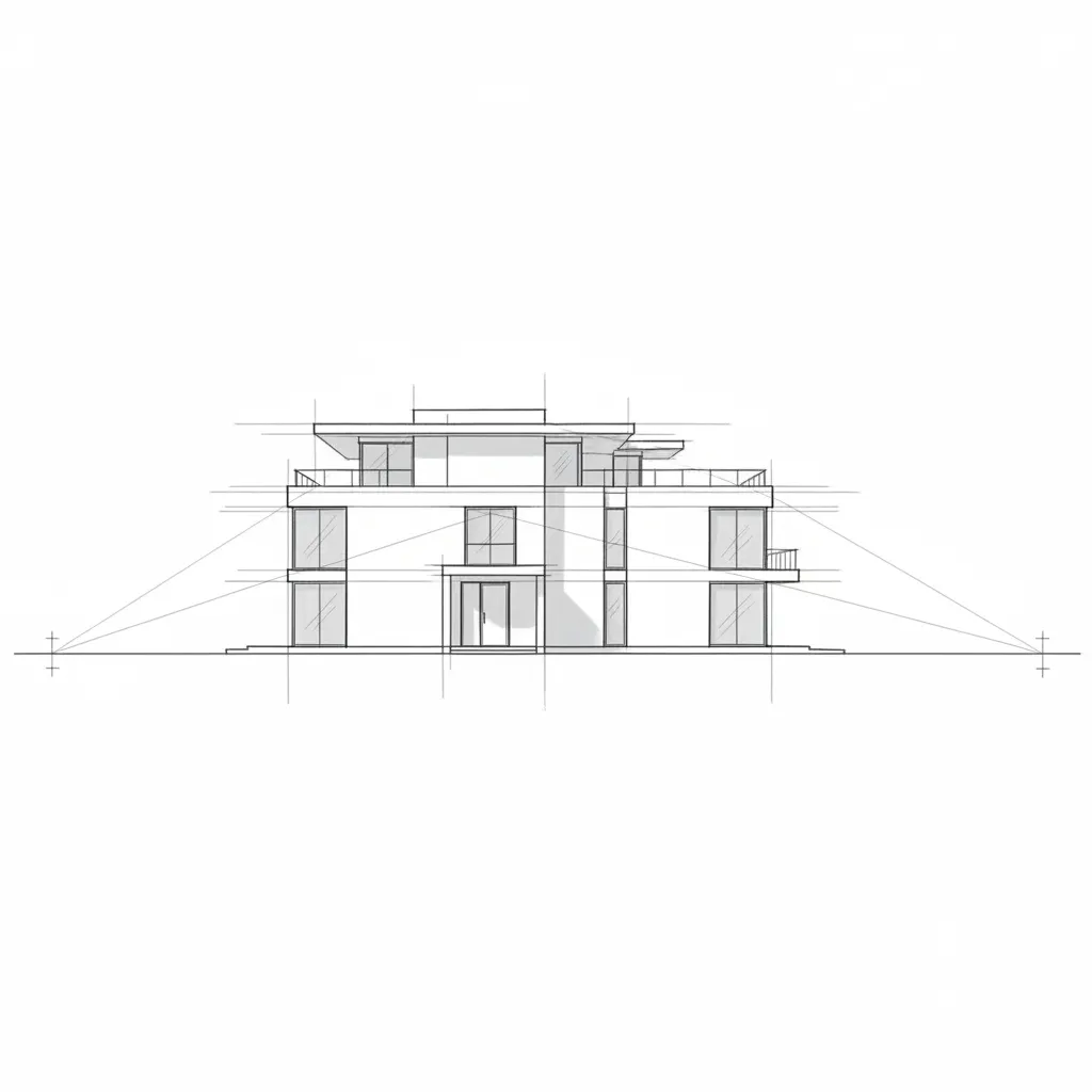 Esquema de perspectiva de dos puntos aplicado al dibujo de una casa