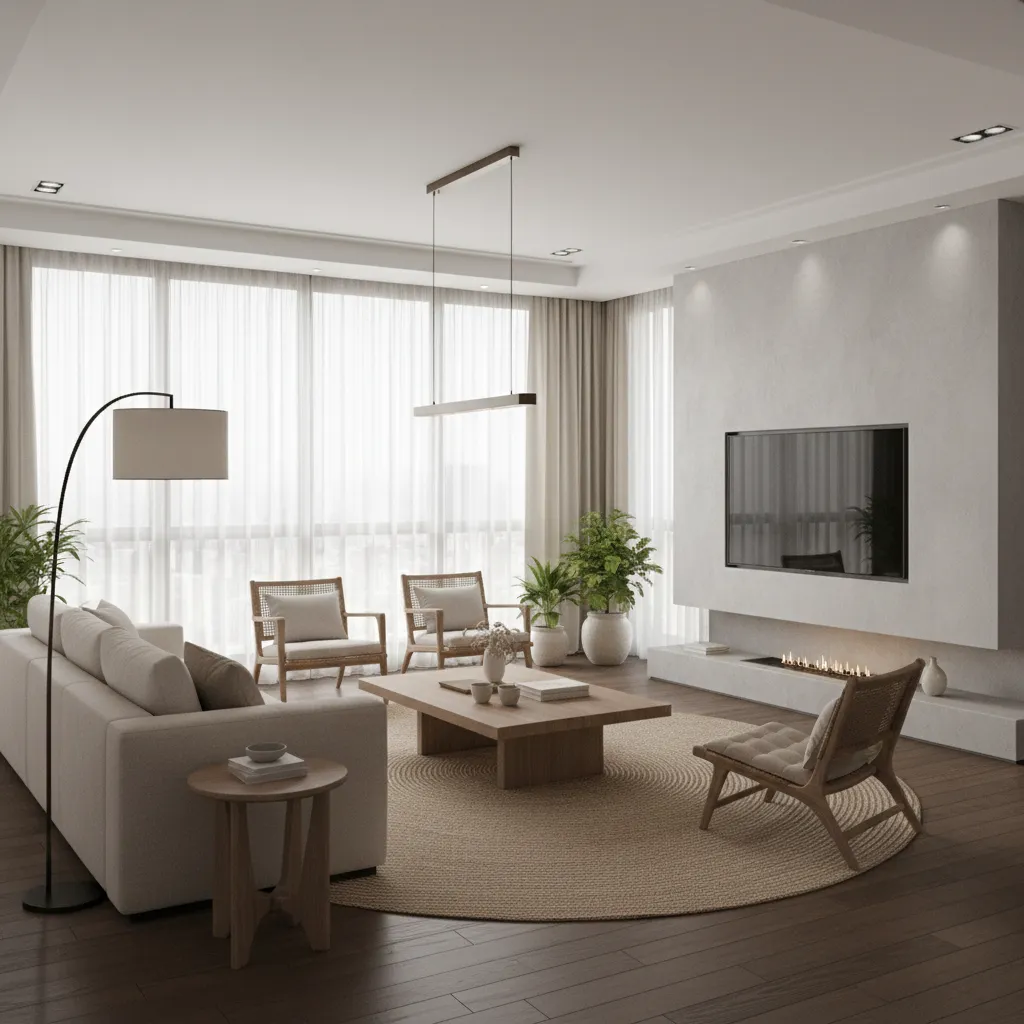 Perspectiva interior de un salón mostrando profundidad y distribución del mobiliario