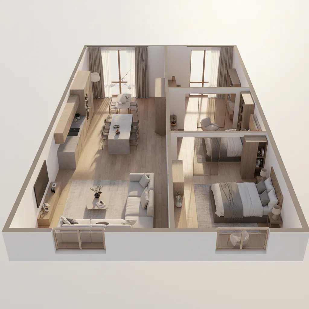 Perspective 3D floor plan of modern apartment with depth and realistic lighting