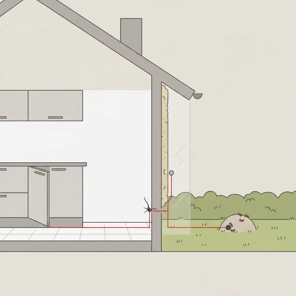 Diagram showing ant movement from an outdoor nest into kitchen cabinets through a wall crack