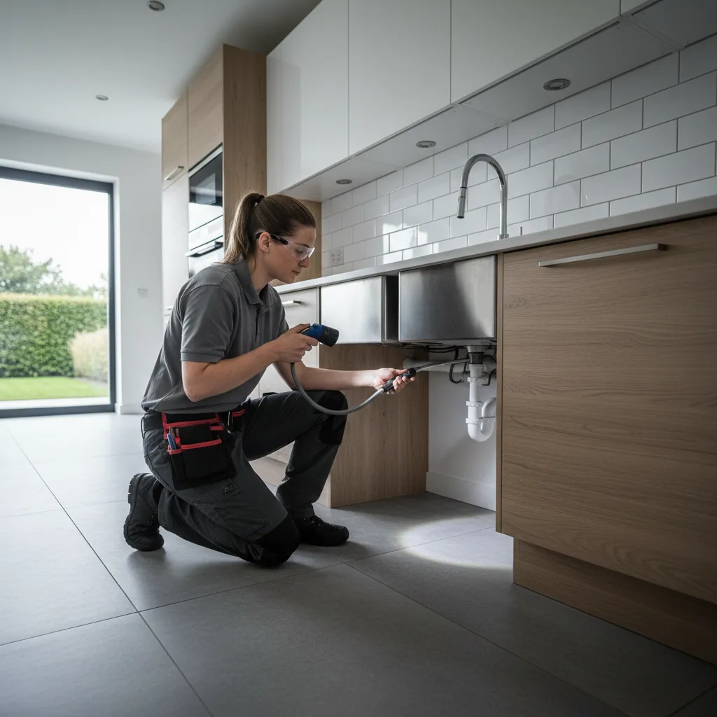 Pest control technician inspecting kitchen drain for larvae source