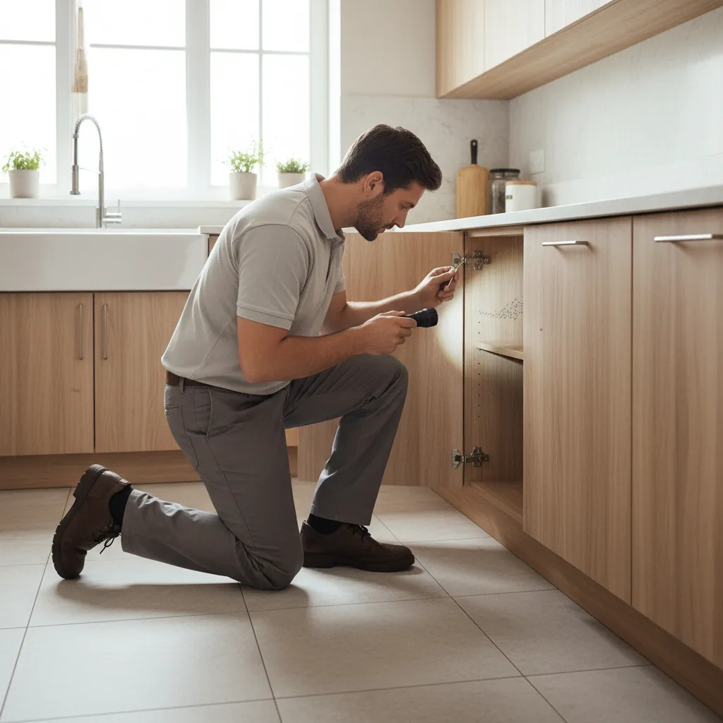 Man kneeling in a kitchen using a small flashlight to inspect inside a wooden cabinet