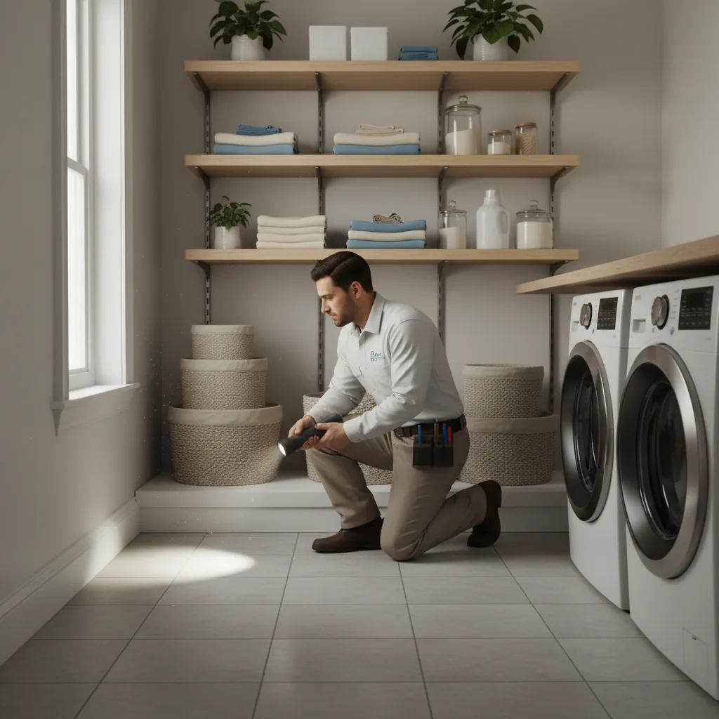 Pest control professional inspecting baseboards and storage shelves in laundry room