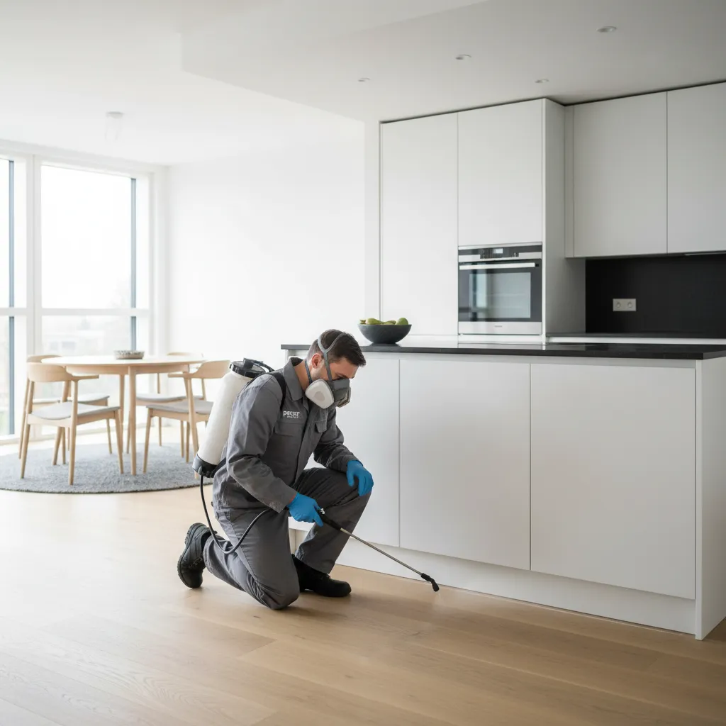 Exterminator applying targeted treatment along kitchen baseboard to eliminate larvae
