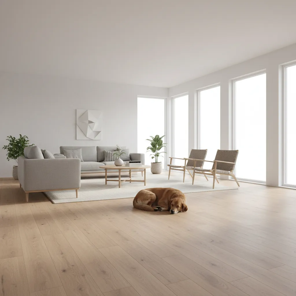 Pet friendly living room with dog on luxury vinyl plank flooring