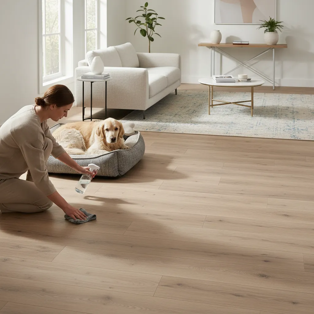 Pet owner cleaning vinyl plank flooring near dog bed using safe enzyme cleaner