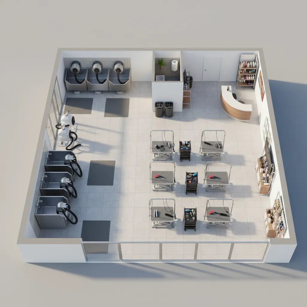 Pet grooming salon layout showing washing and drying workflow zones