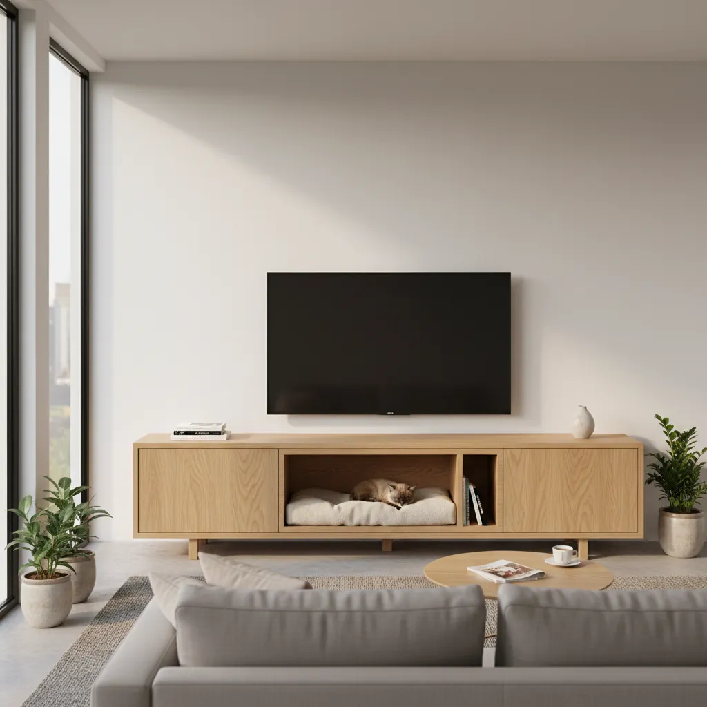 Wooden TV cabinet with a central cat bed in a bright modern living room setting