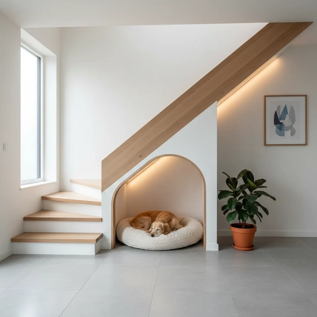 Pet house under stairs with a dog sleeping in a bed under white wooden steps
