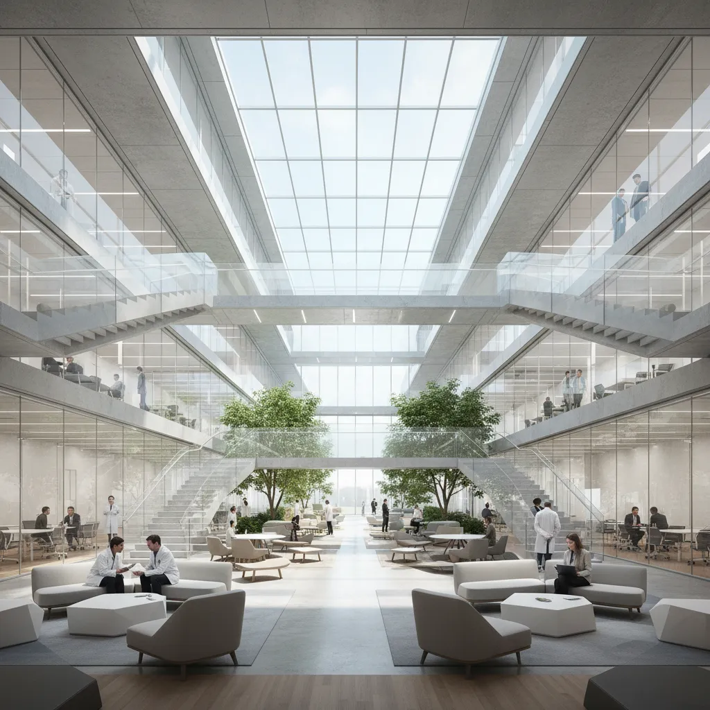 large collaboration atrium inside a pharmaceutical headquarters building