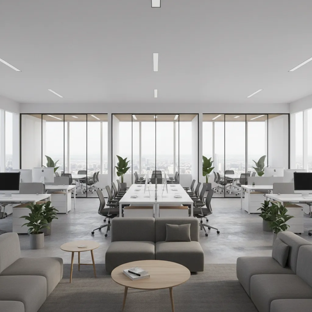 collaborative workspace inside a pharmaceutical corporate office with modern desks and meeting areas