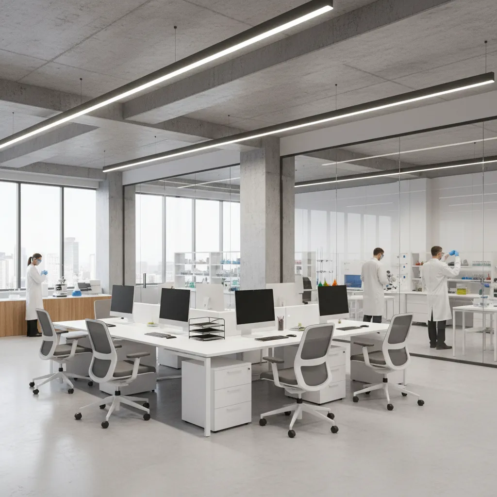 office workspace adjacent to glass research labs in pharmaceutical building