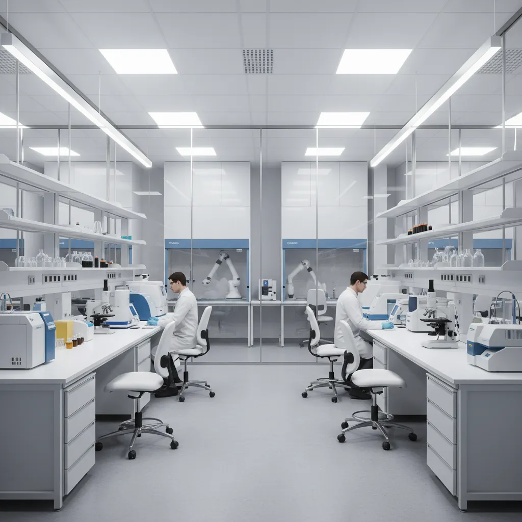 pharmaceutical laboratory layout with analytical benches and clean work areas