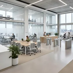 Modern open office layout with glass meeting rooms wooden tables white chairs and light fixtures