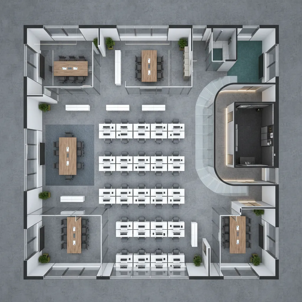 architectural office layout showing zoning between corporate workspace and secure departments