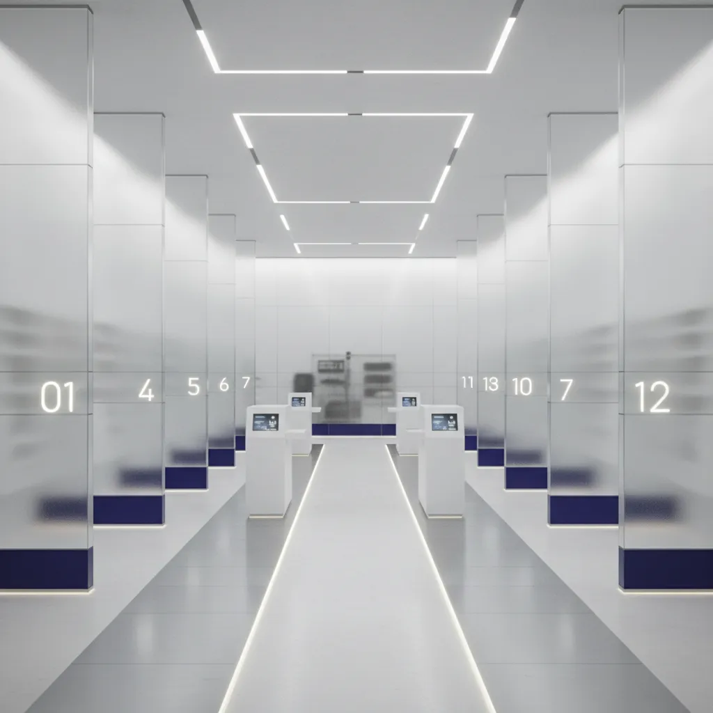 Modern clinic interior with white glass partitions, numbered booths, glowing ceiling lights, and white kiosks