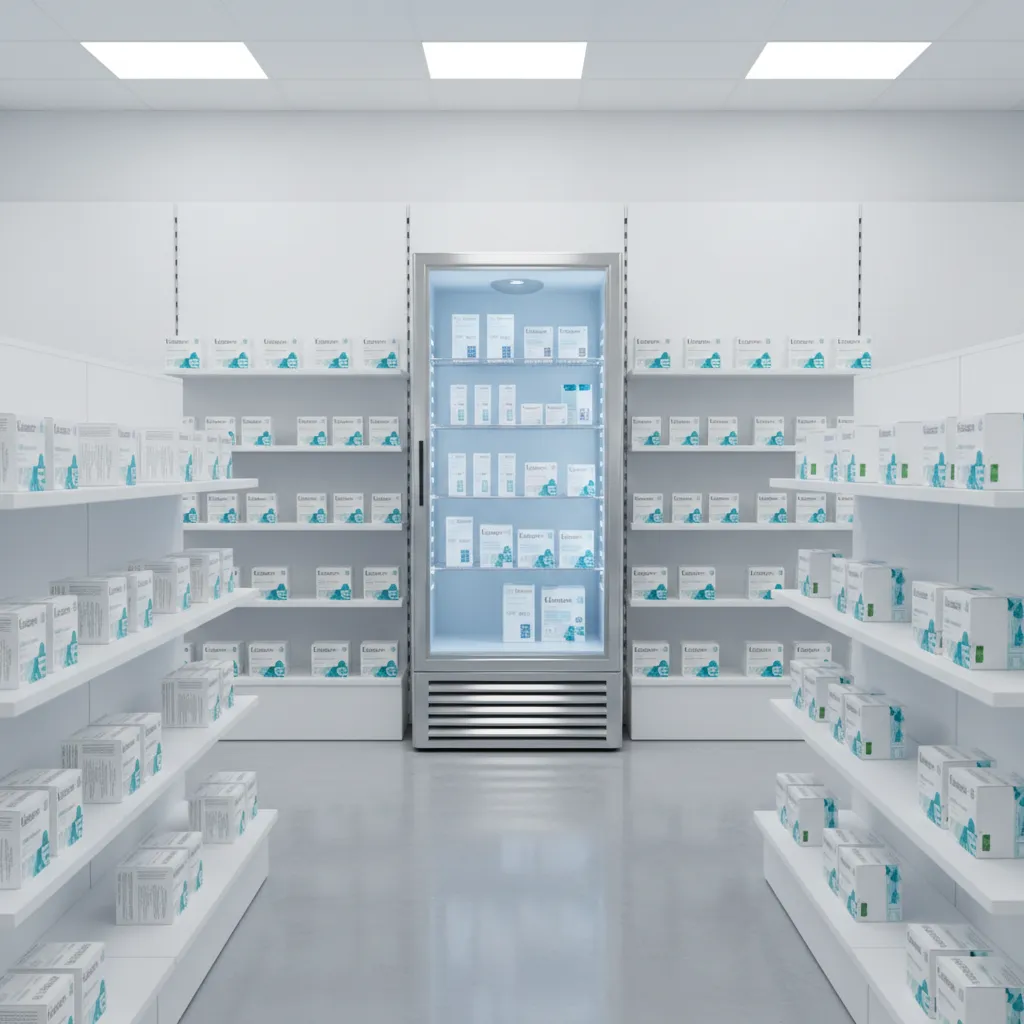 Pharmacy medical refrigerator storing temperature sensitive medicine with glass door