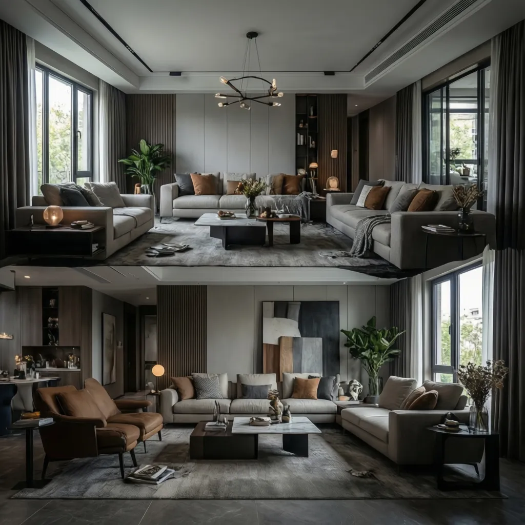 living room interior showing staged design phases with furniture and decor layers