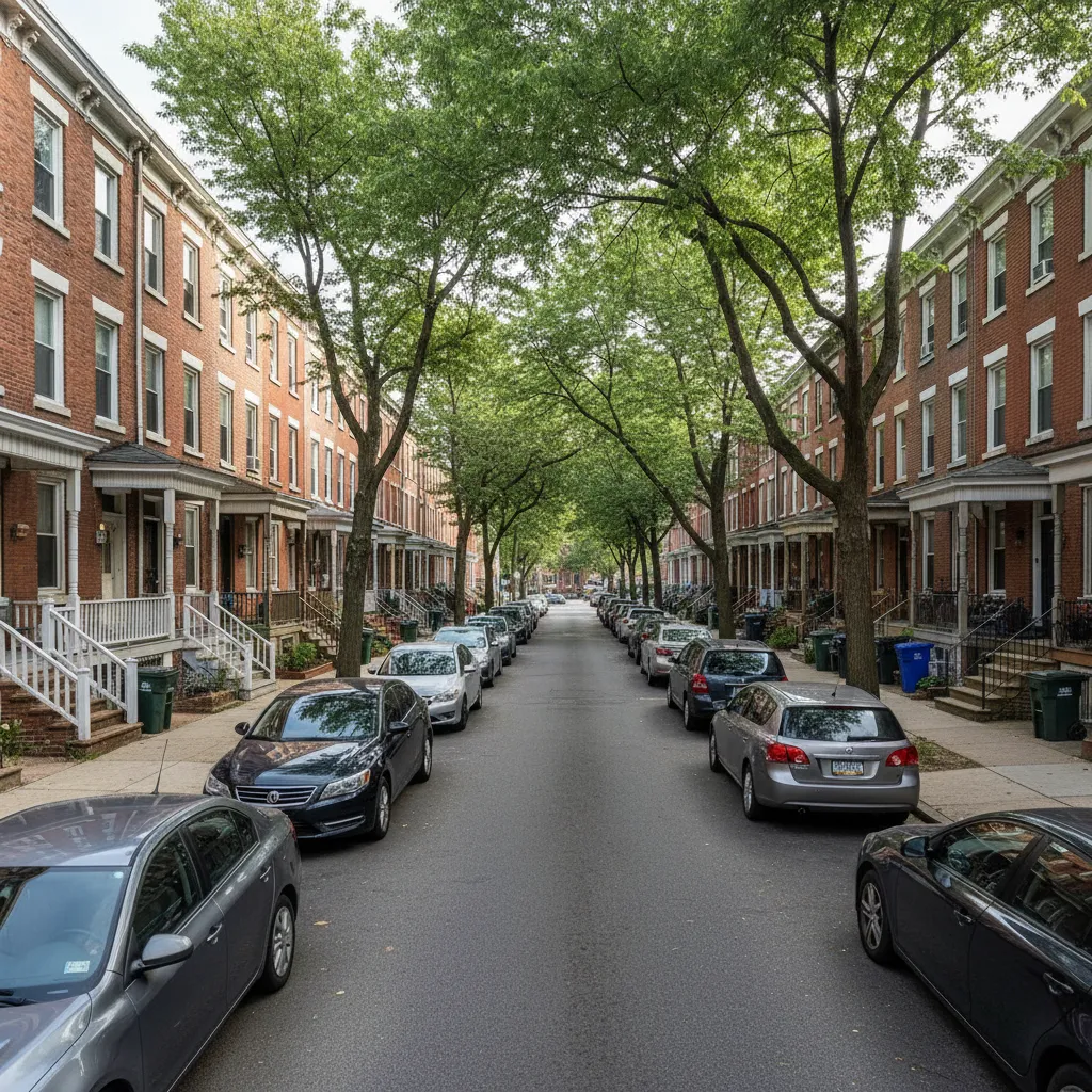 Affordable Philadelphia row house block with brick homes and small front porches