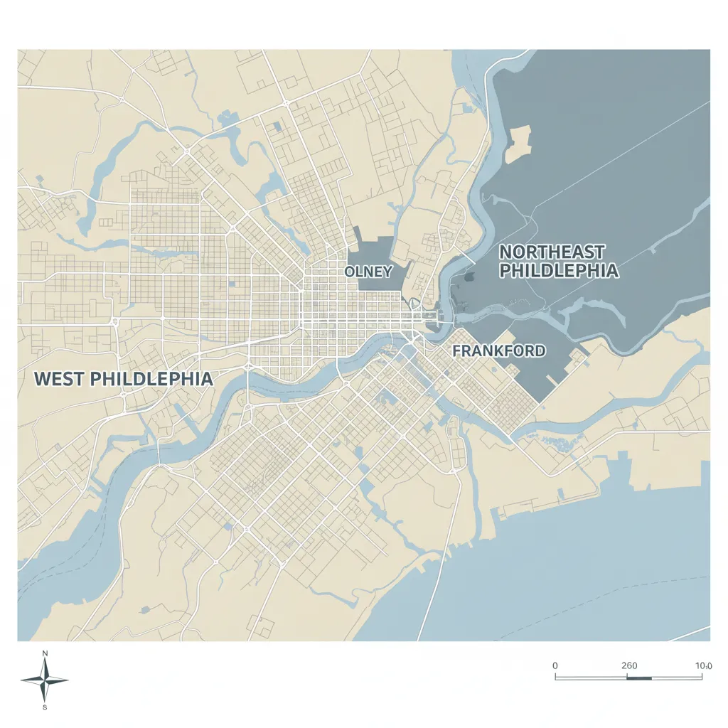 Map style illustration highlighting Philadelphia neighborhoods with housing price differences