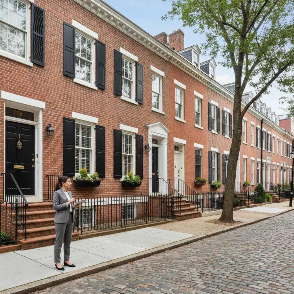 Buyer evaluating a classic Philadelphia brick row house before purchase