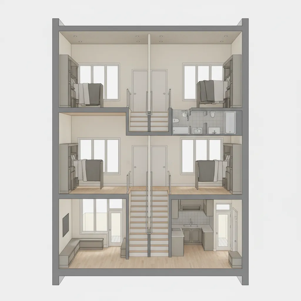 Interior layout of a Philadelphia row house showing narrow floor plan with multiple bedrooms