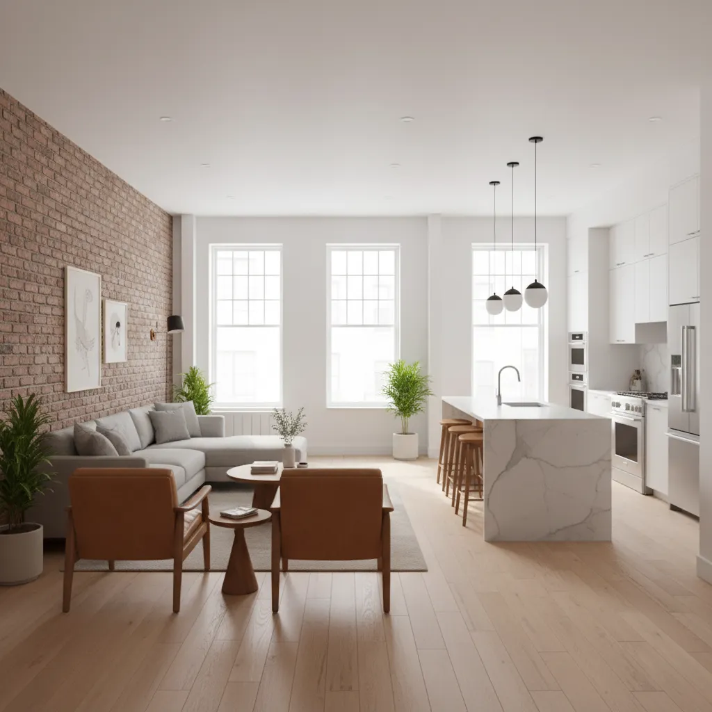 Renovated interior of a Philadelphia row house with modern kitchen and open layout