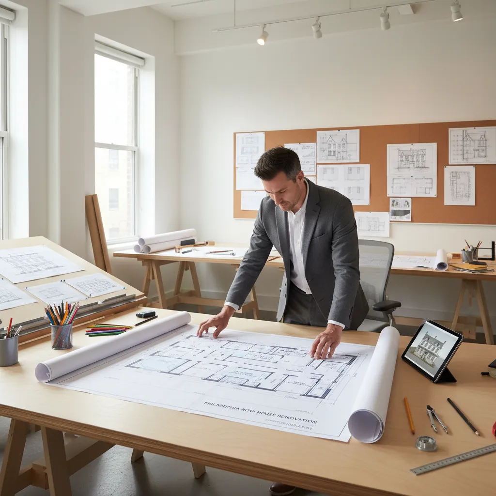 Architect reviewing renovation floor plan for Philadelphia row house remodel
