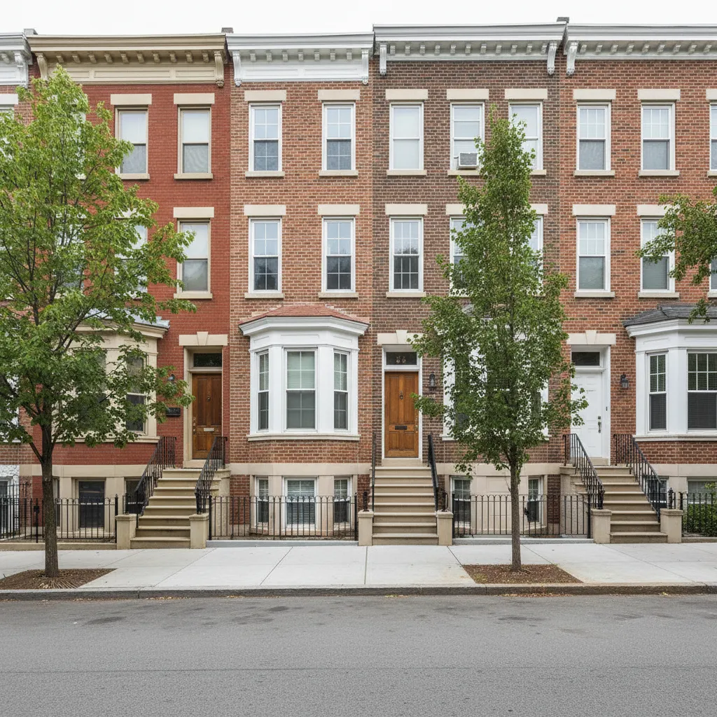 Typical Philadelphia street with brick row houses and sidewalks